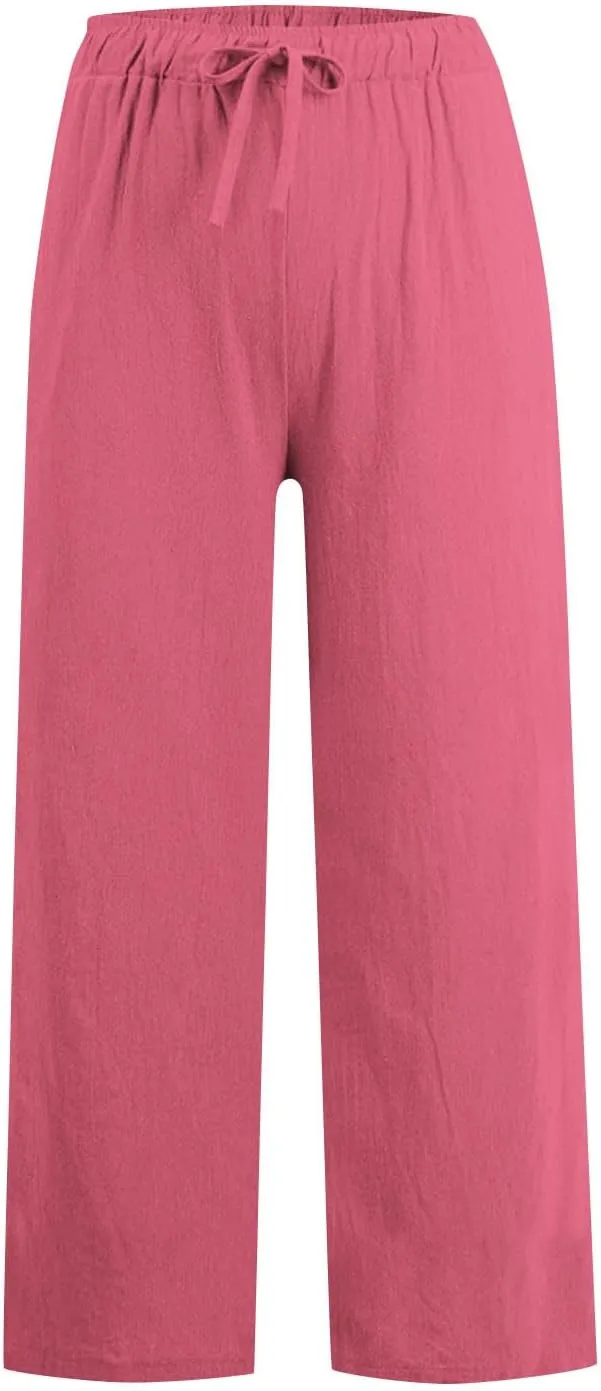 Cotton Linen Pants for Women Dressy Casual Trousers Loose Drawstring Waist Lounge Long Pants Pockets Summer Outfits