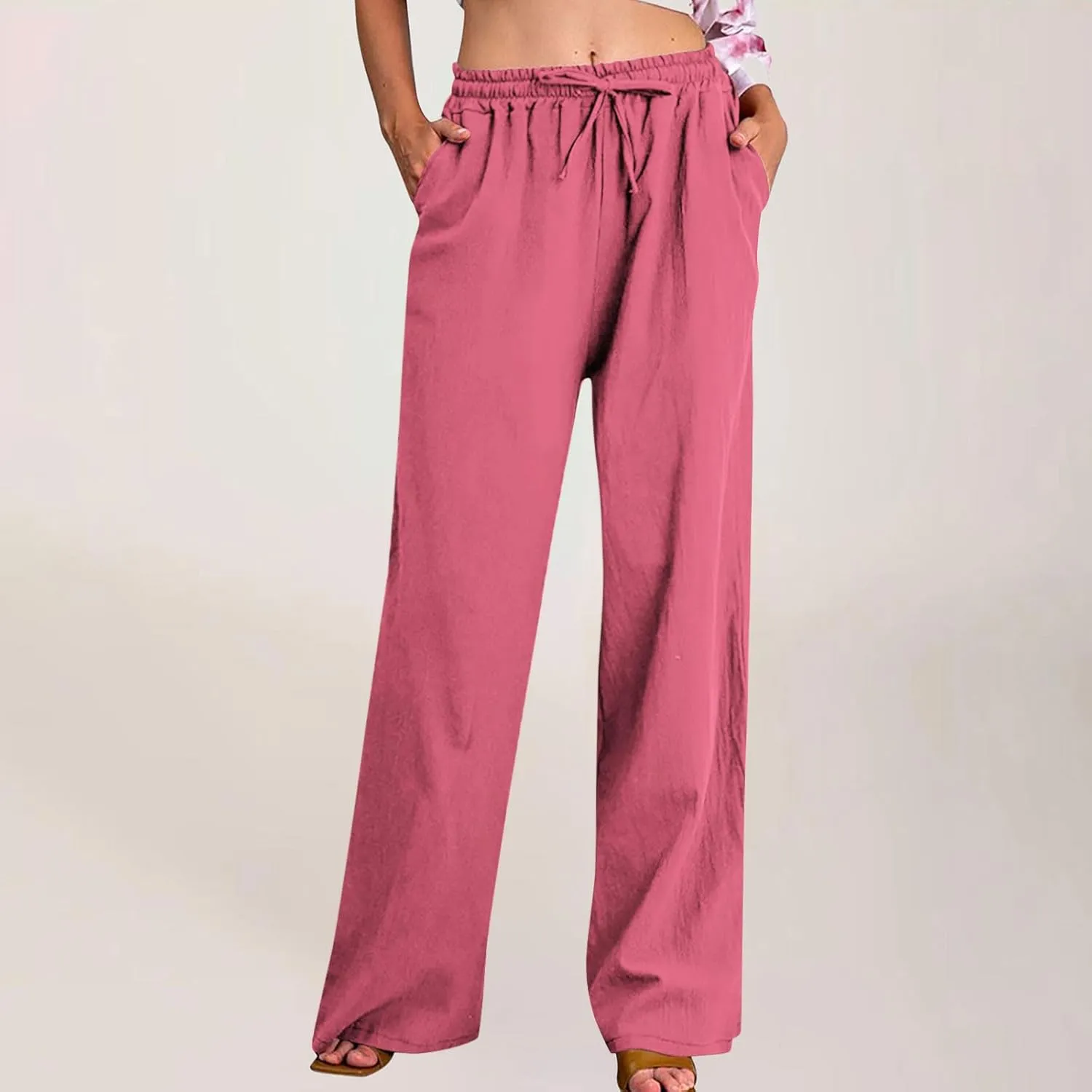 Cotton Linen Pants for Women Dressy Casual Trousers Loose Drawstring Waist Lounge Long Pants Pockets Summer Outfits