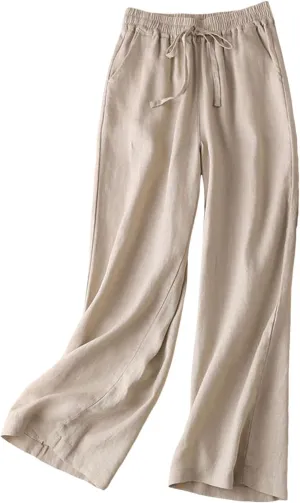 Cotton Linen Pants for Women Loose Fit Wide Leg Drawstring Elastic Waisted Summer Plus Size Casual Straight Pants Trousers