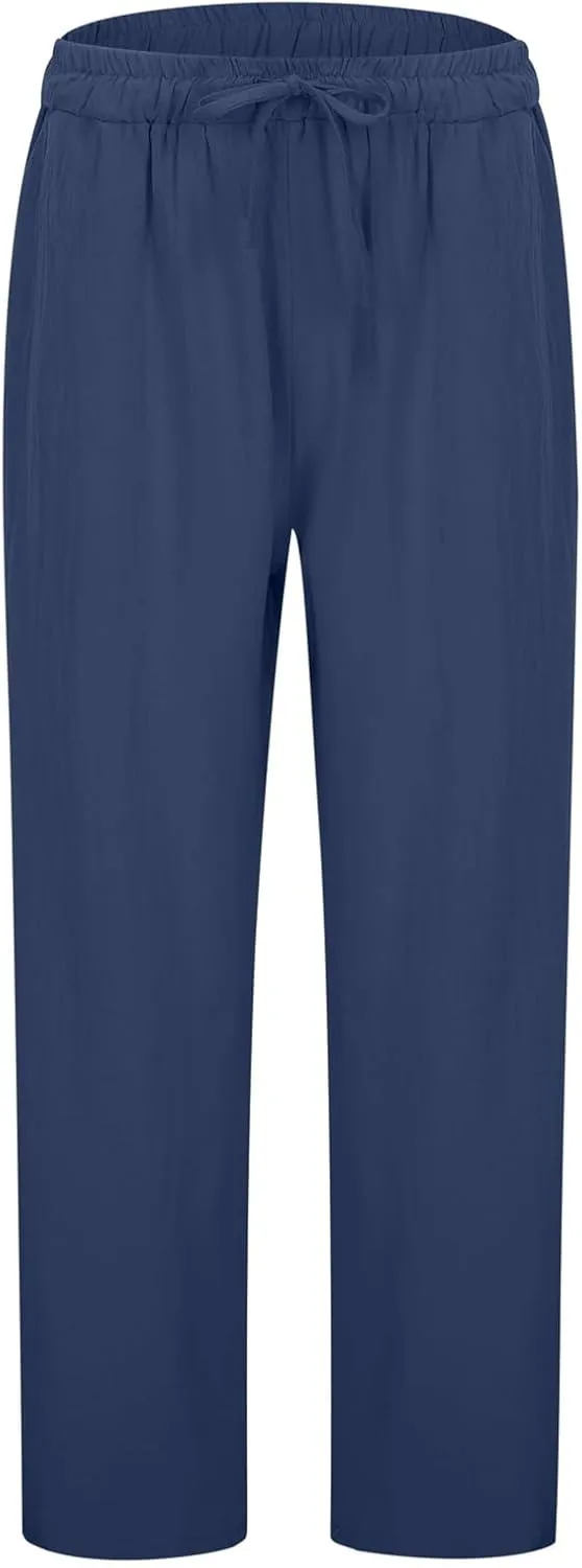 Cotton Linen Pants for Women Summer Casual Capri Pants Waist Elastic Comfy Loose Women's Palazzo Trousers with Pockets