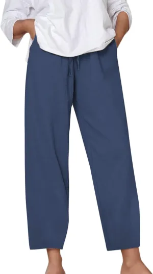 Cotton Linen Pants for Women Summer Casual Capri Pants Waist Elastic Comfy Loose Women's Palazzo Trousers with Pockets