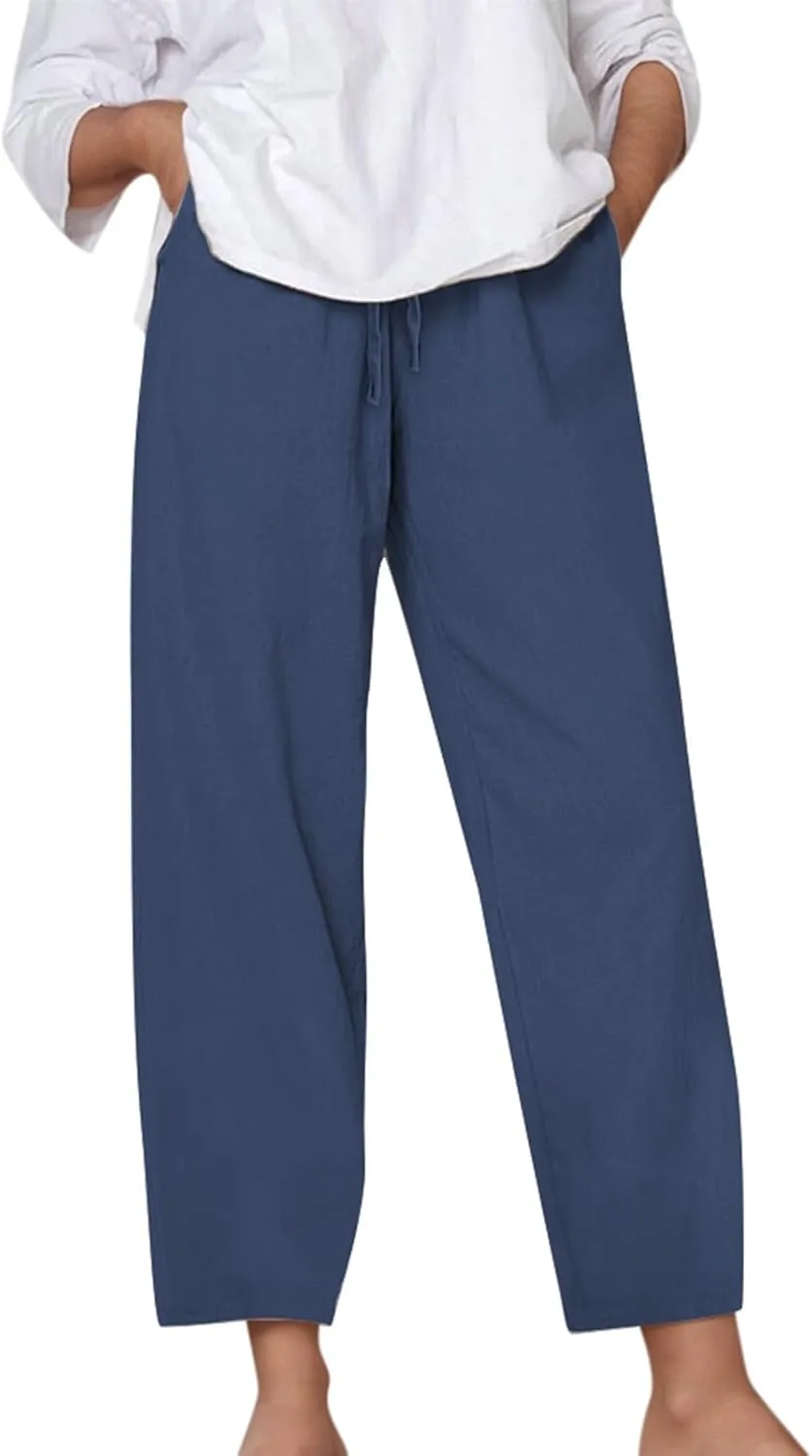Cotton Linen Pants for Women Summer Casual Capri Pants Waist Elastic Comfy Loose Women's Palazzo Trousers with Pockets