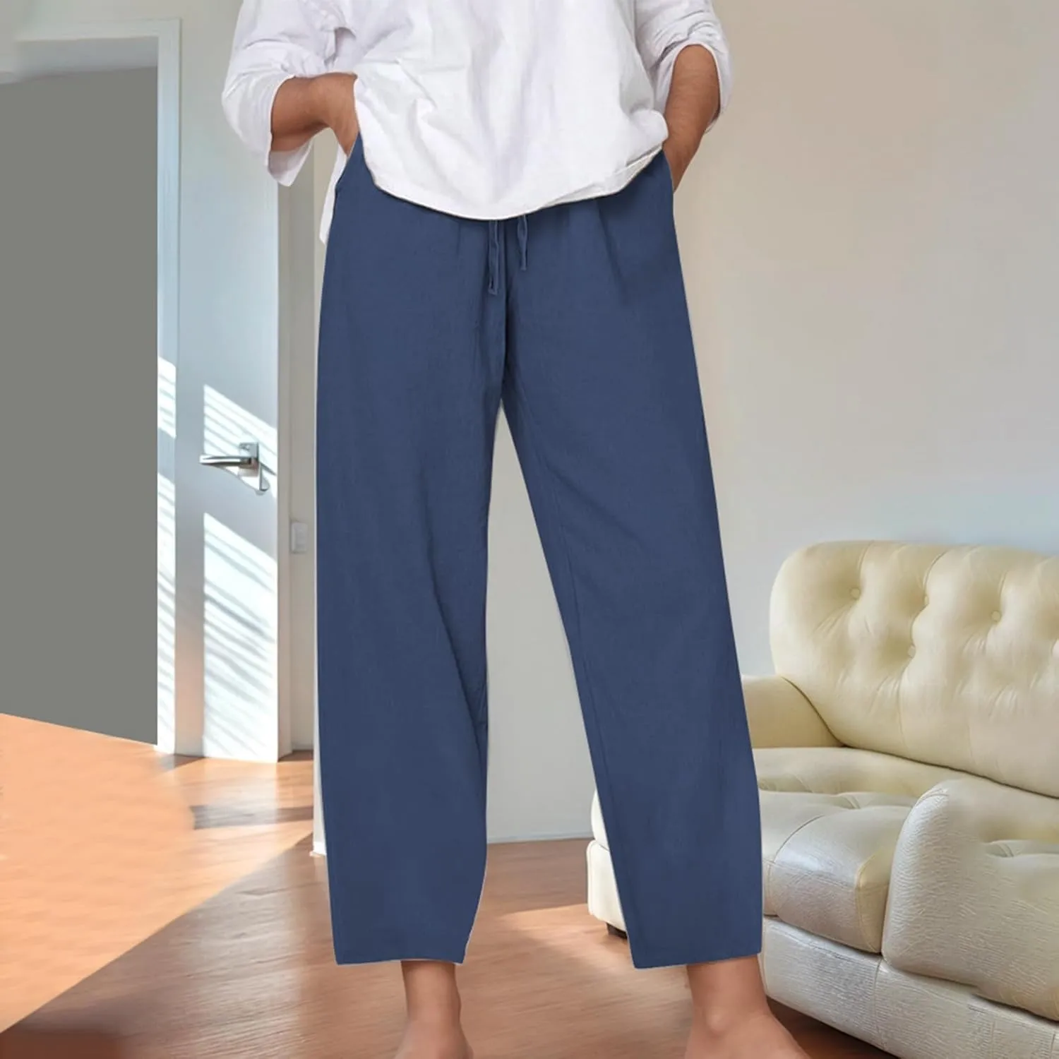 Cotton Linen Pants for Women Summer Casual Capri Pants Waist Elastic Comfy Loose Women's Palazzo Trousers with Pockets