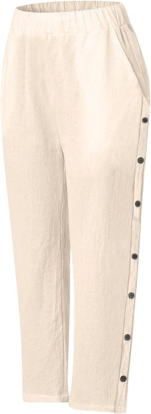 Cotton Linen Trousers for Womens Summer Side Button Straight Leg Pants Casual Baggy Solid Pant with Pocket