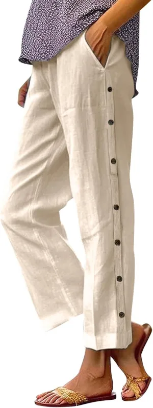 Cotton Linen Trousers for Womens Summer Side Button Straight Leg Pants Casual Baggy Solid Pant with Pocket