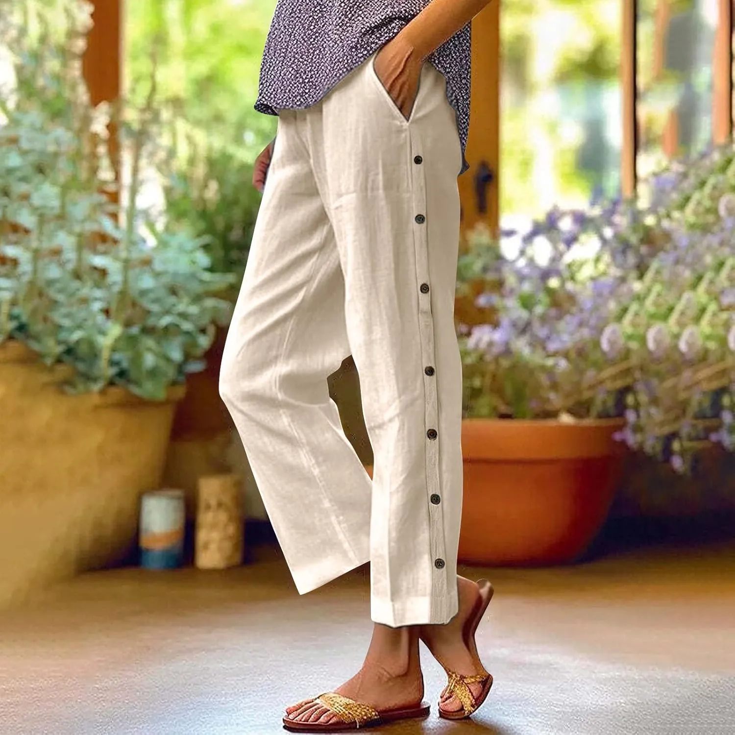 Cotton Linen Trousers for Womens Summer Side Button Straight Leg Pants Casual Baggy Solid Pant with Pocket