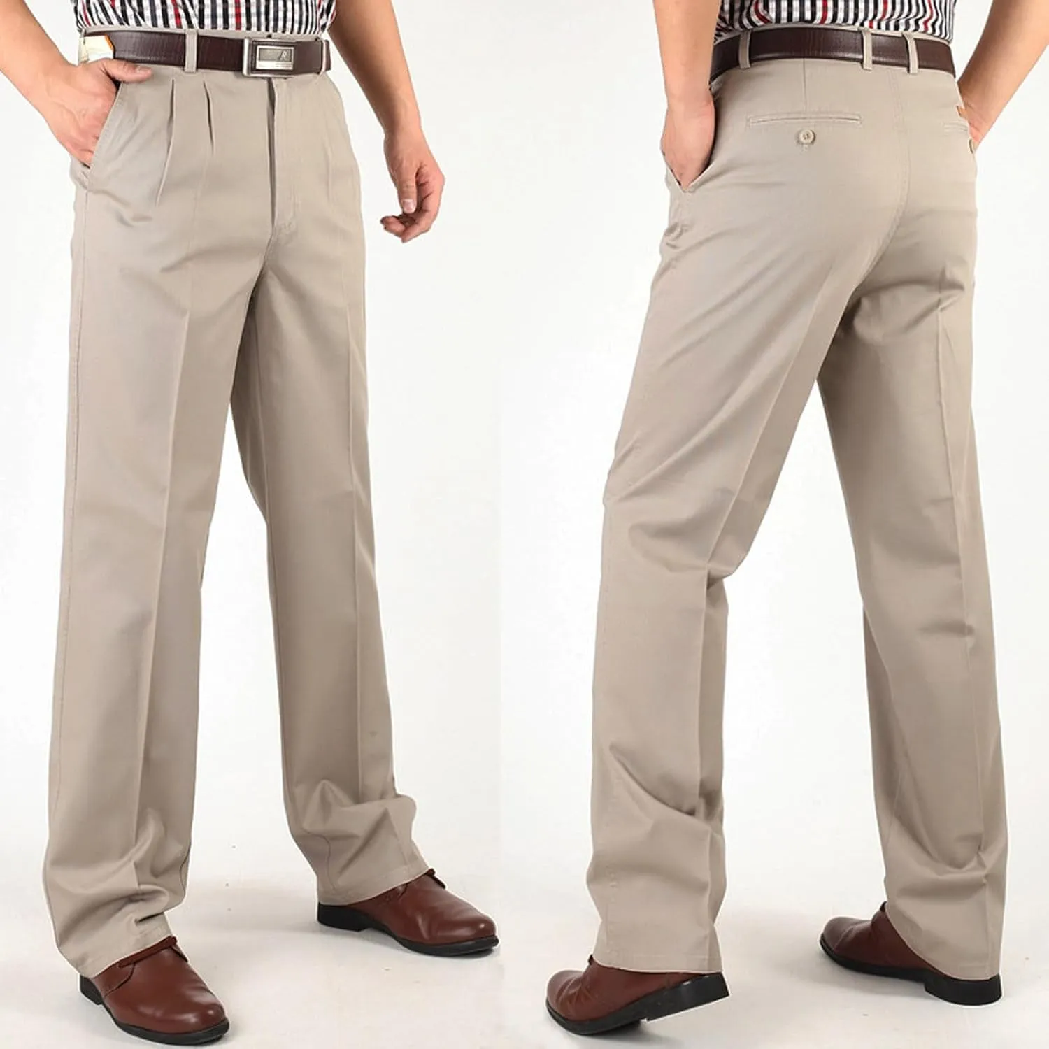 Cotton Mens Pleated Dress Pants with Belt Loops for Formal and Business Wear Pantalones de Hombre