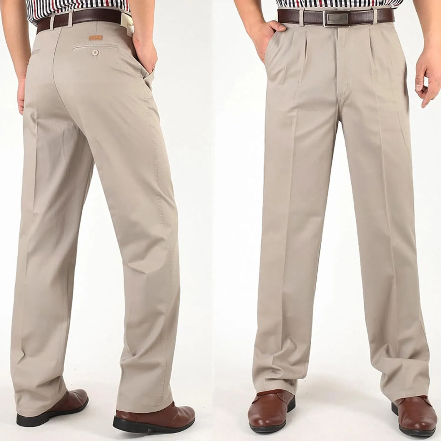 Cotton Mens Pleated Dress Pants with Belt Loops for Formal and Business Wear Pantalones de Hombre