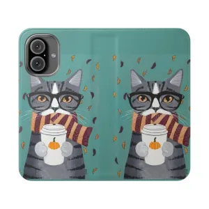 Cozy Autumn Grey Tabby Cat with Coffee Flip Phone Case