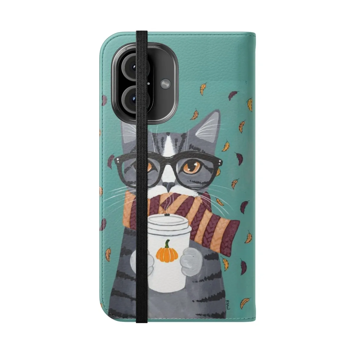 Cozy Autumn Grey Tabby Cat with Coffee Flip Phone Case
