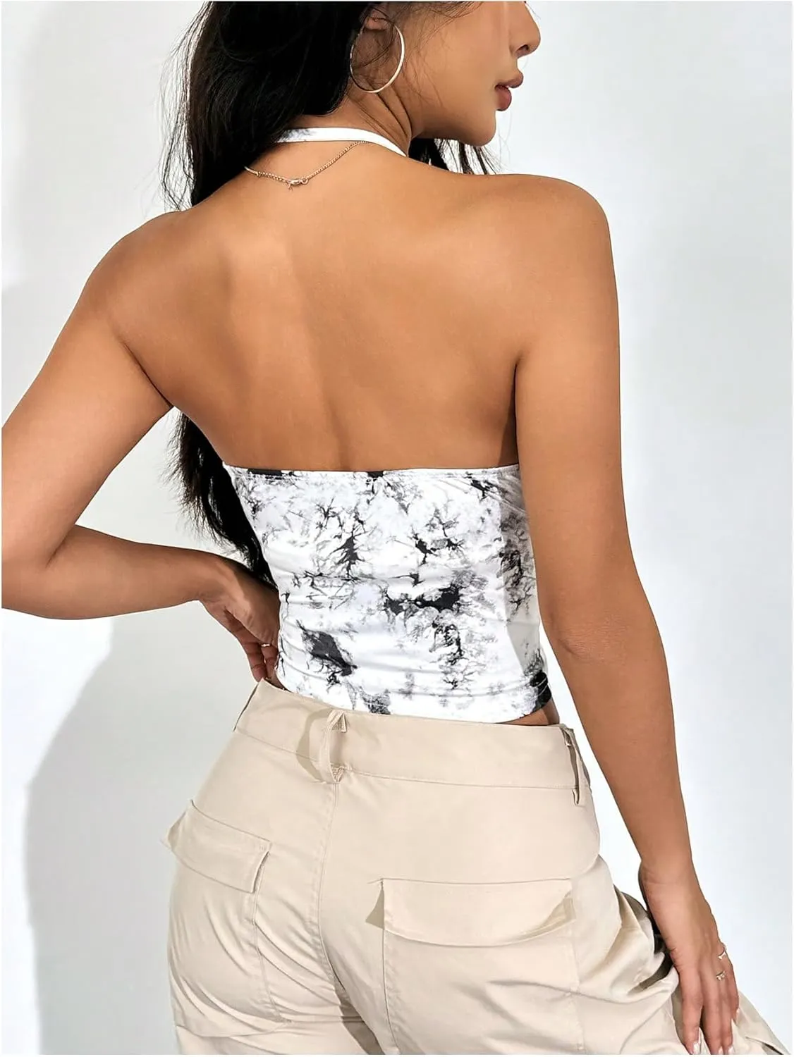 COZYEASE Women's Camo Print V Neck Sleeveless Crop Tops Casual Ruched Backless Halter Tops