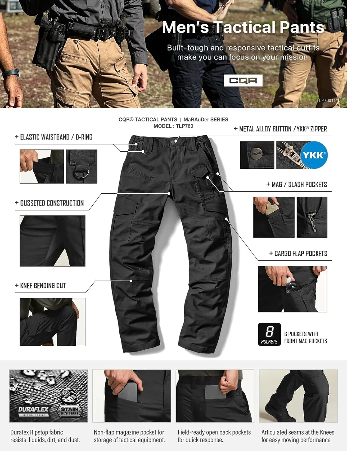 CQR Men's Flex Ripstop Tactical Pants, Water Resistant Stretch Cargo Pants, Lightweight EDC Hiking Work Pants