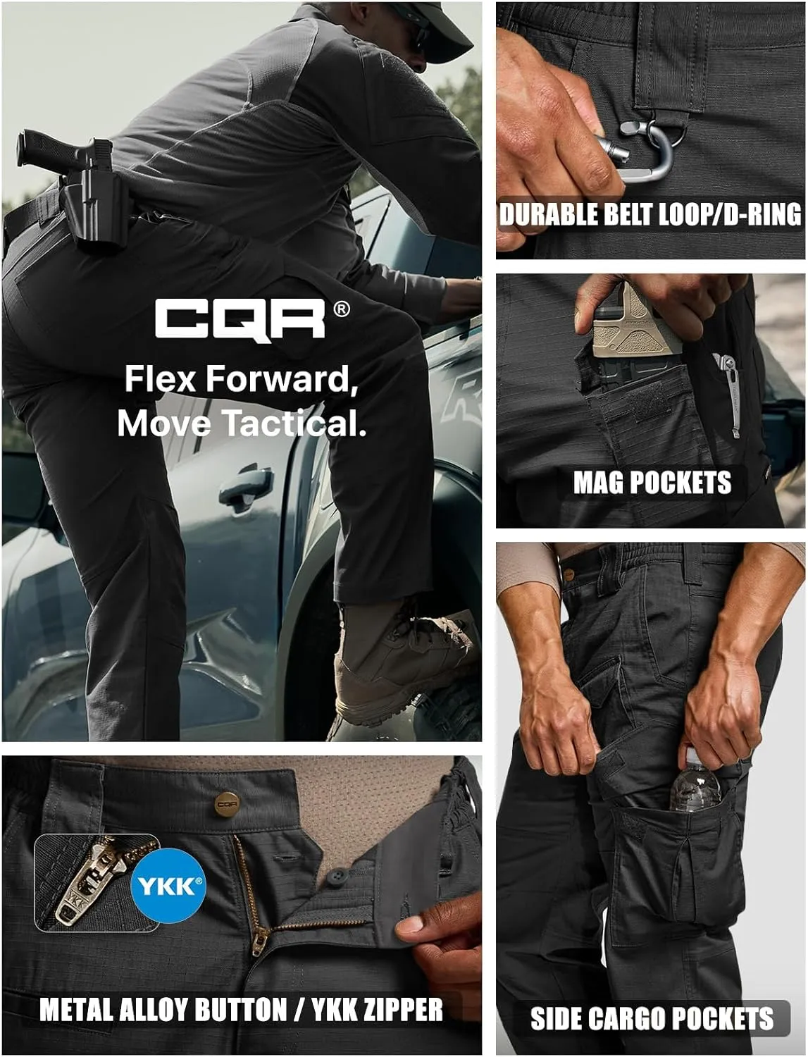 CQR Men's Flex Ripstop Tactical Pants, Water Resistant Stretch Cargo Pants, Lightweight EDC Hiking Work Pants