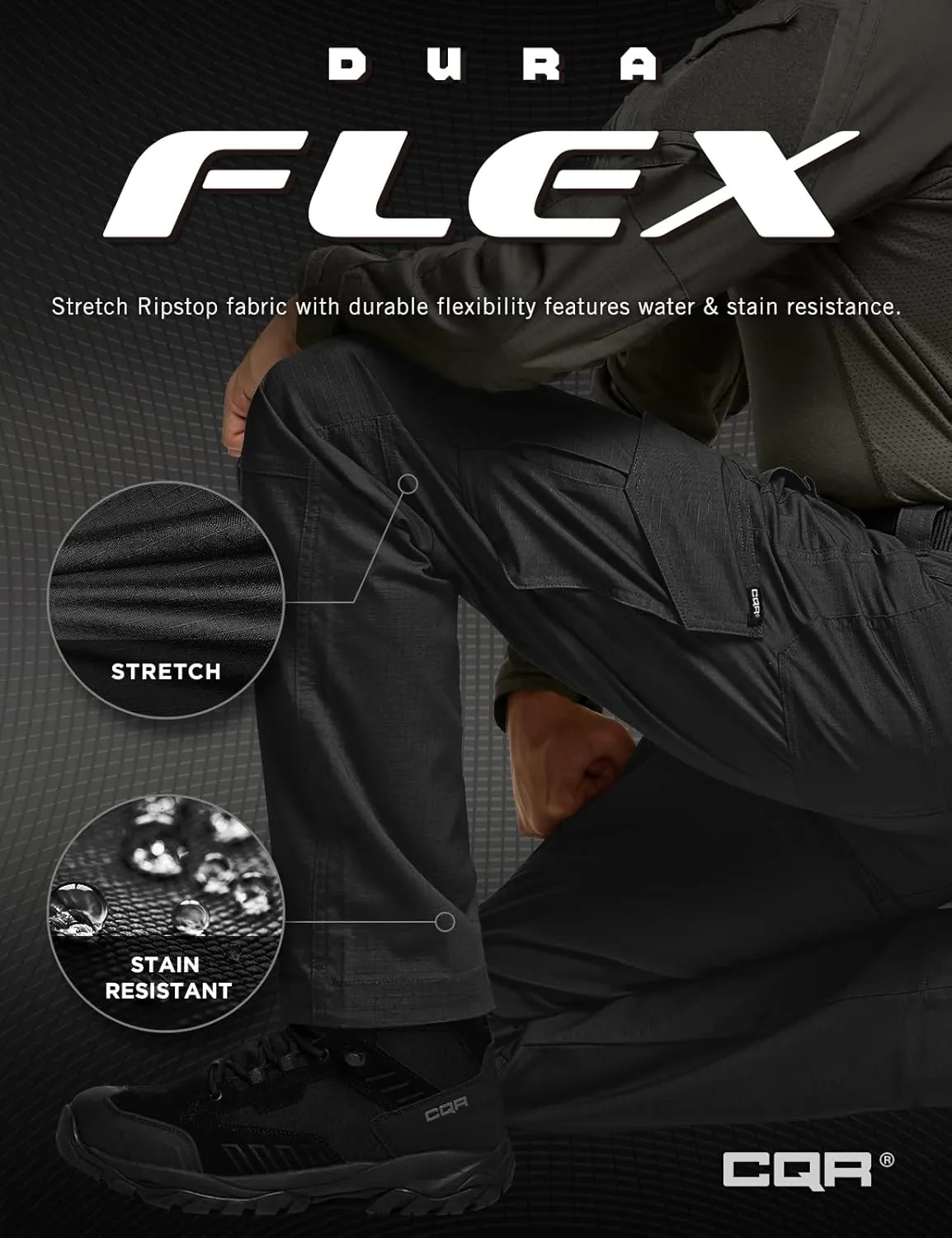 CQR Men's Flex Ripstop Tactical Pants, Water Resistant Stretch Cargo Pants, Lightweight EDC Hiking Work Pants