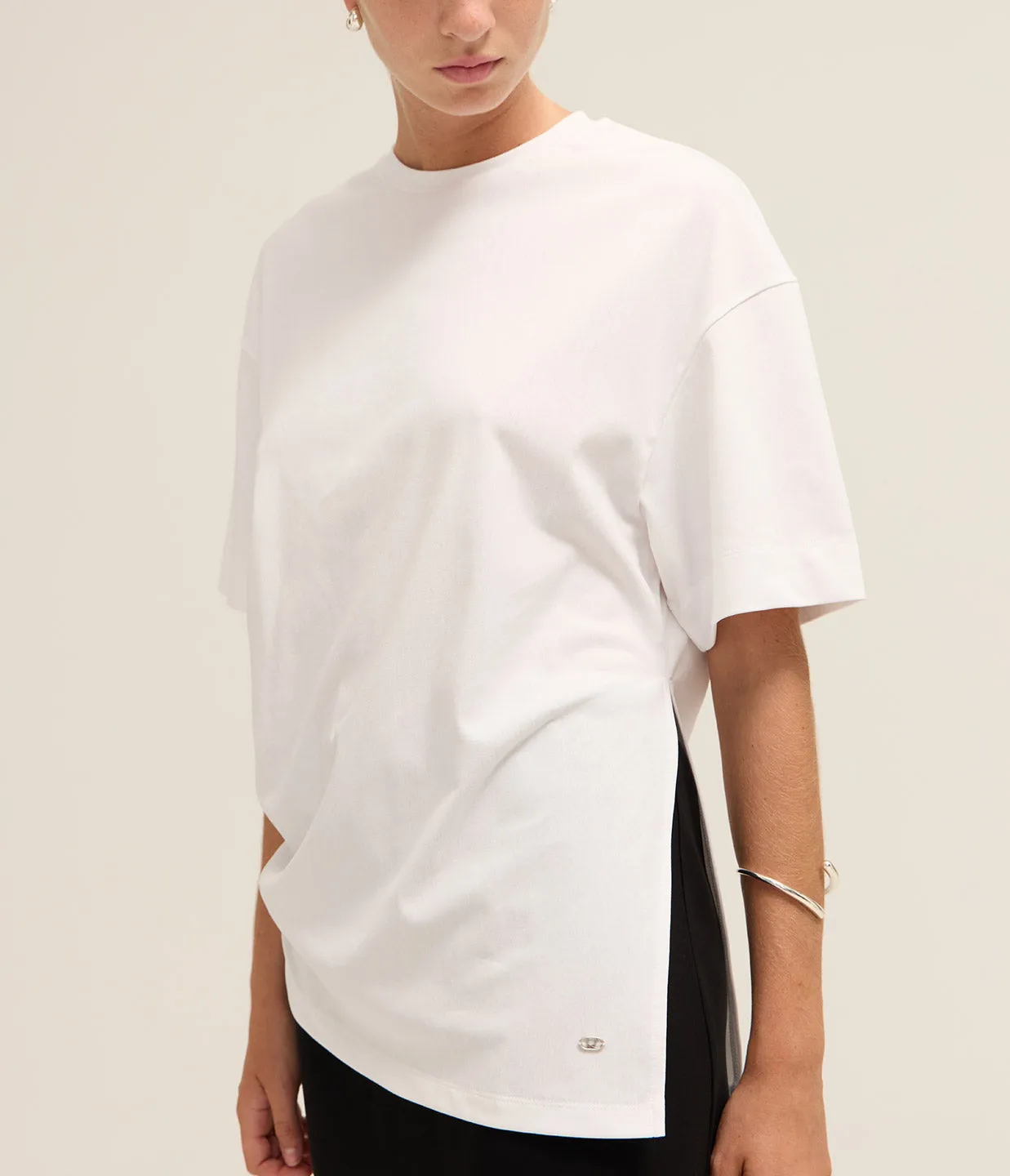 Crew neck Ruched Side T-shirt in White