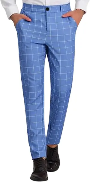 CRNTCEM Men's Plaid Suit Pants Chinos Skinny Work Business Trouser Straight Wedding Flat Front Formal Dress Check Trousers