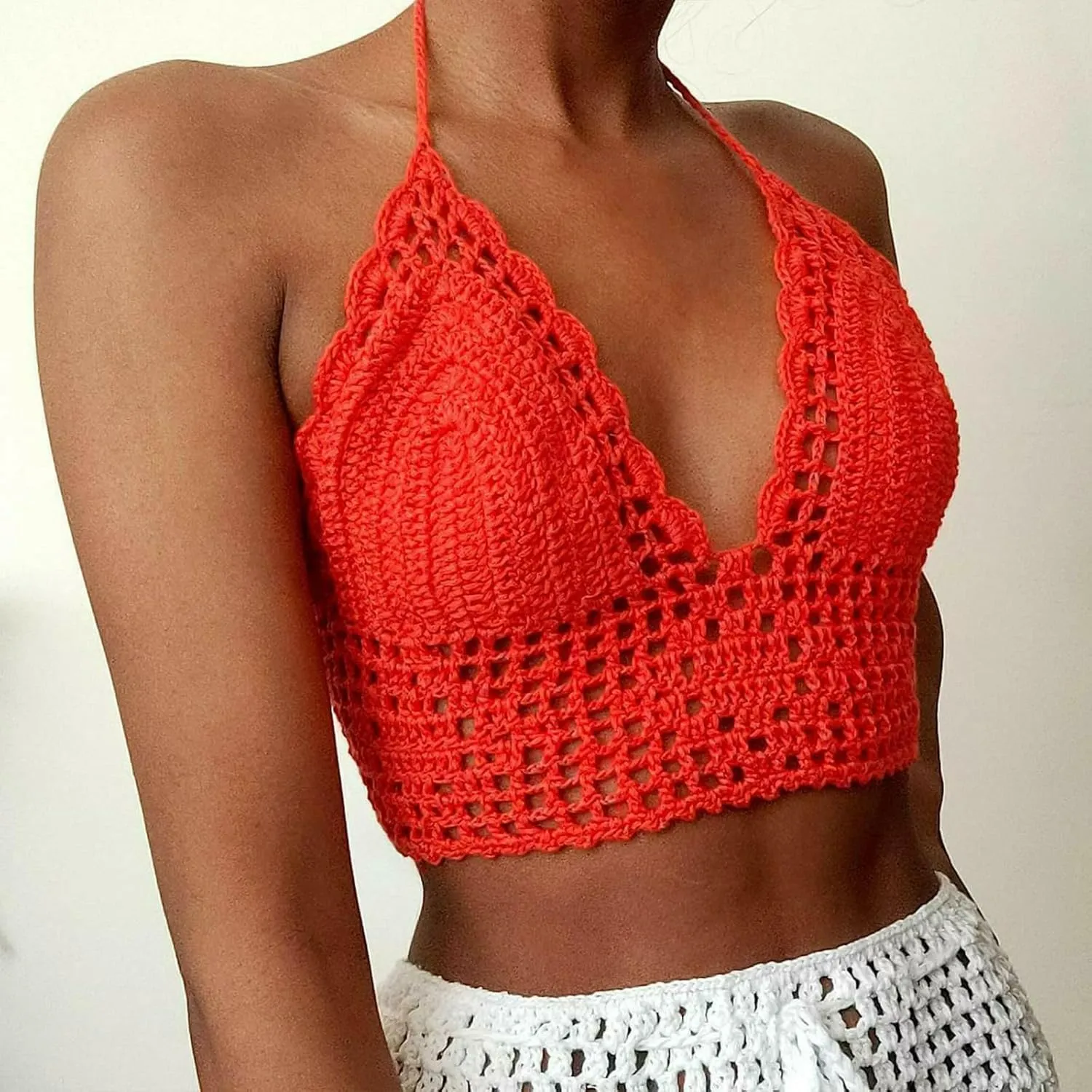 Crochet Halter Tops for Women Backless Camisole Knit Bra Tops Bralette Summer Beachwear