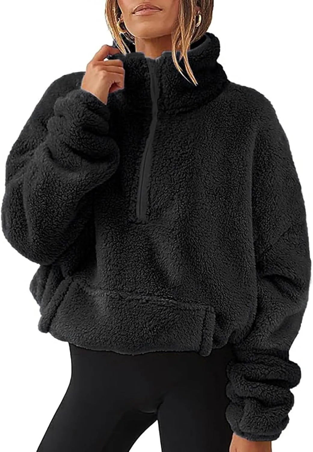 Cropped Half Zip Pullover Women Comfy Warm Sherpa Fleece Sweatshirt No Hood Quarter Zip Sweater with Pockets