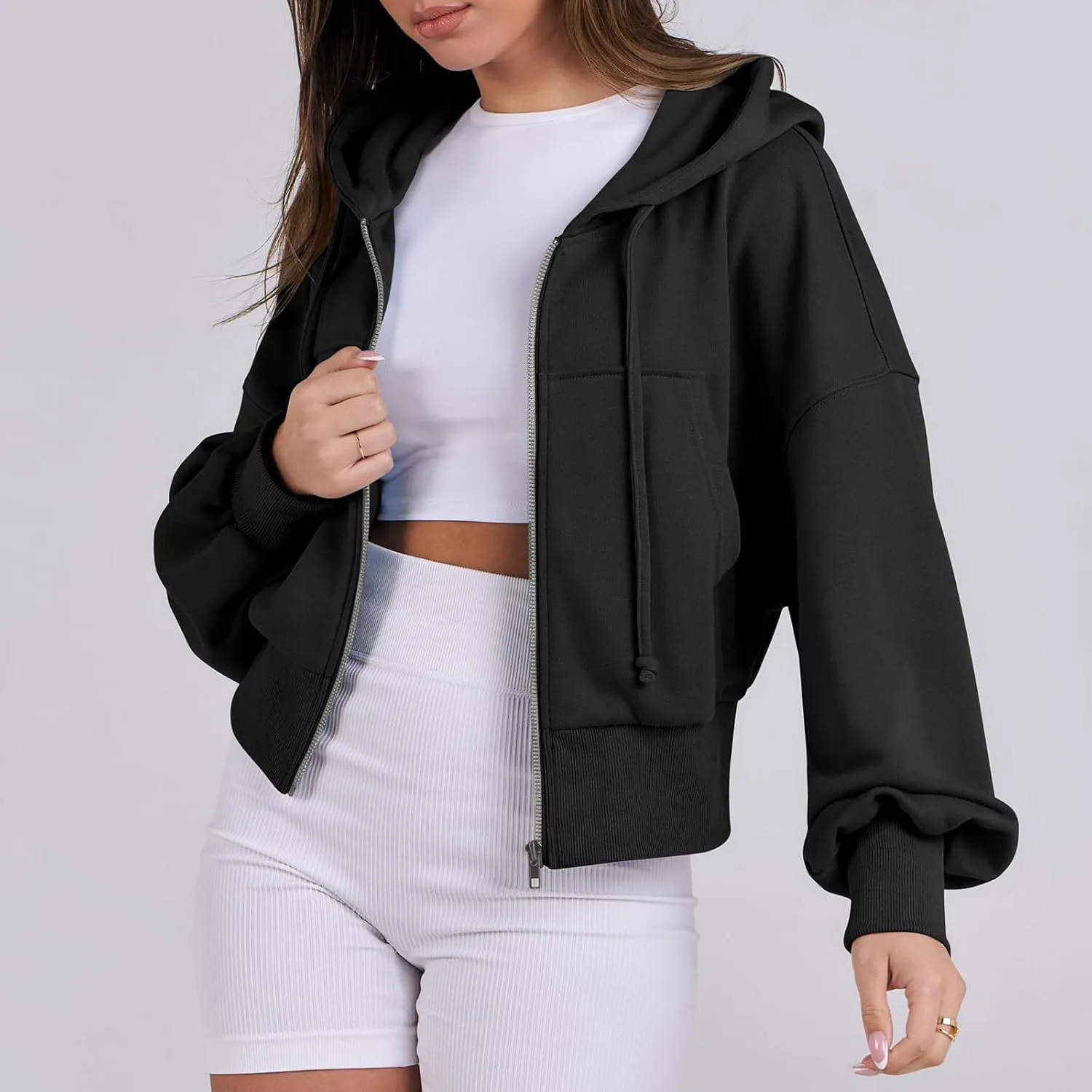 Cropped Zip Up Hoodie Women 2024 Trendy Fleece Crop Jacket Preppy Hooded Sweatshirt Y2k Cute Hoodies for Teen Girls