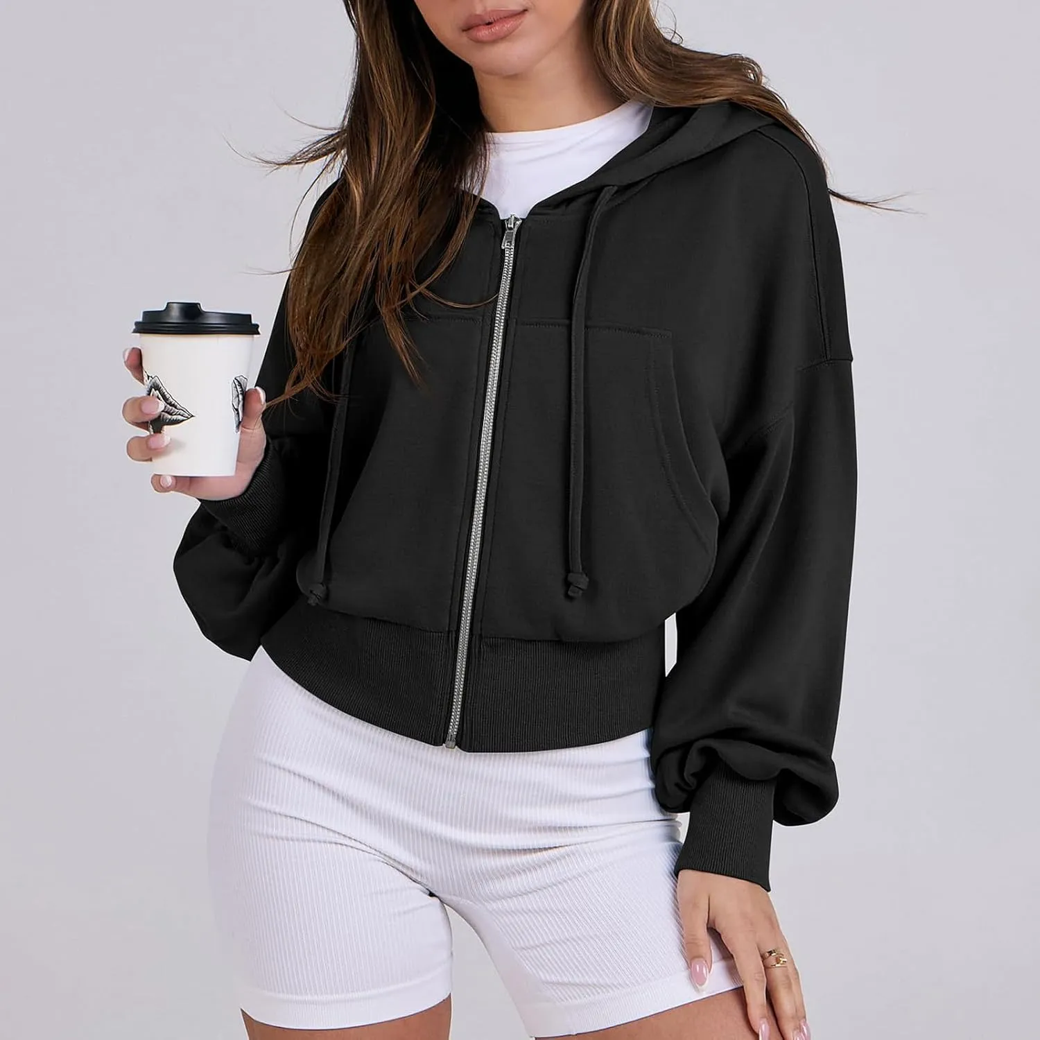 Cropped Zip Up Hoodie Women 2024 Trendy Fleece Crop Jacket Preppy Hooded Sweatshirt Y2k Cute Hoodies for Teen Girls