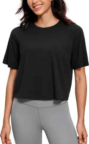 CRZ YOGA Womens Loose Fit Cotton Polyester Short Sleeve Shirts Crop Tops Casual Workout T-Shirts
