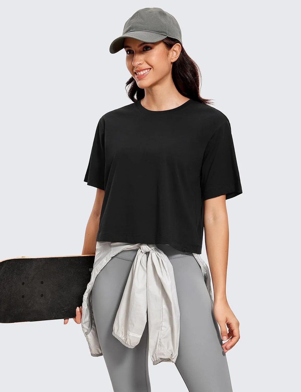 CRZ YOGA Womens Loose Fit Cotton Polyester Short Sleeve Shirts Crop Tops Casual Workout T-Shirts