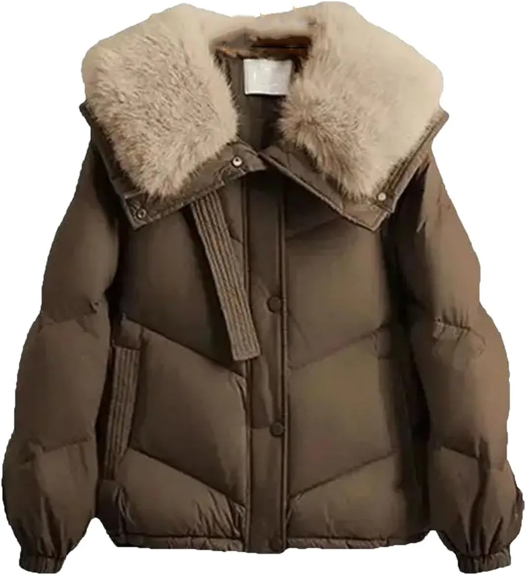 Dcvmvmn WomenS Cropped Quilted Down Coat Warm Down Cotton-Padded Jacket Puffer Parka Overcoat Brown