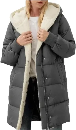 Dcvmvmn Women's Long-Sleeved Cotton-Padded Jackets Double-Sided Fleece Fleece Parkas Winter Hooded Slim-Fit Coats Dark Gray