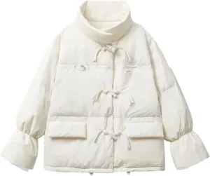 Dcvmvmn Women's Winter Cotton Coat Mock Neck Horn Button Thicken Cotton-Padded Jacket Loose Warm Outerwear Beige