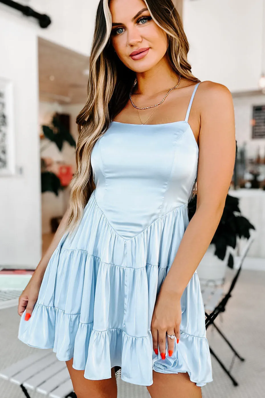 Delightful Disposition Tiered Flare Mini Dress (Blue)