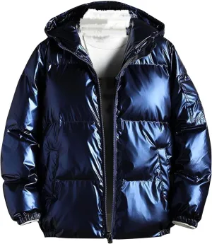 DGHM-JLMY Men's Glossy Padded Winter Hood Coat Metallic Full Zip Down Quilted Puffer Jacket Warm Plus Size Shiny Hooded Coat