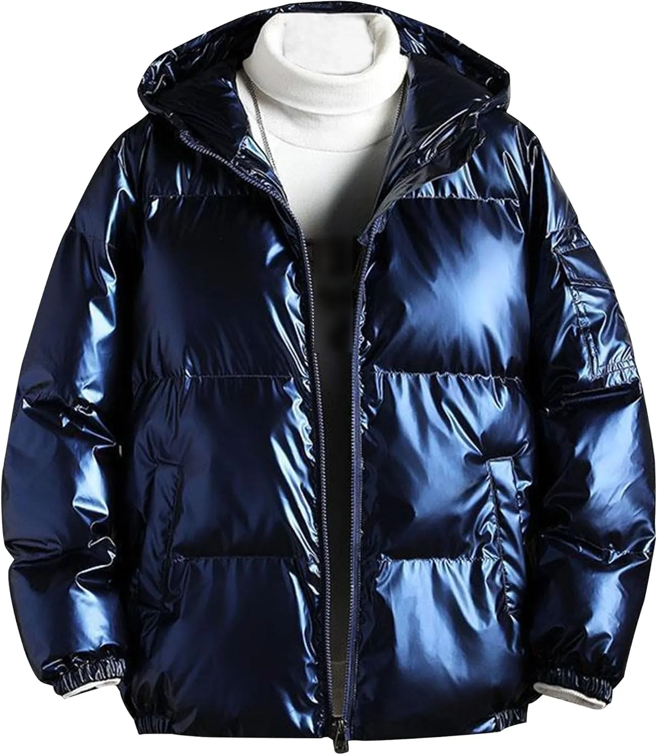 DGHM-JLMY Men's Glossy Padded Winter Hood Coat Metallic Full Zip Down Quilted Puffer Jacket Warm Plus Size Shiny Hooded Coat
