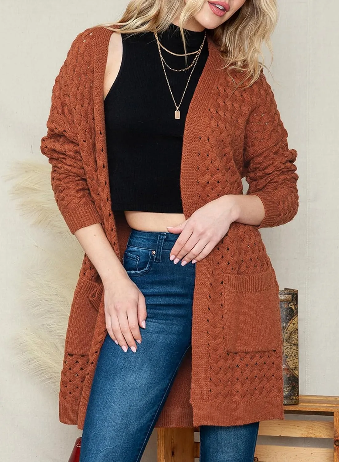 Dokotoo Women's 2024 Fashion Casual Open Front Long Sleeve Chunky Cable Knit Cardigans Sweaters Outerwear Coats with Pockets