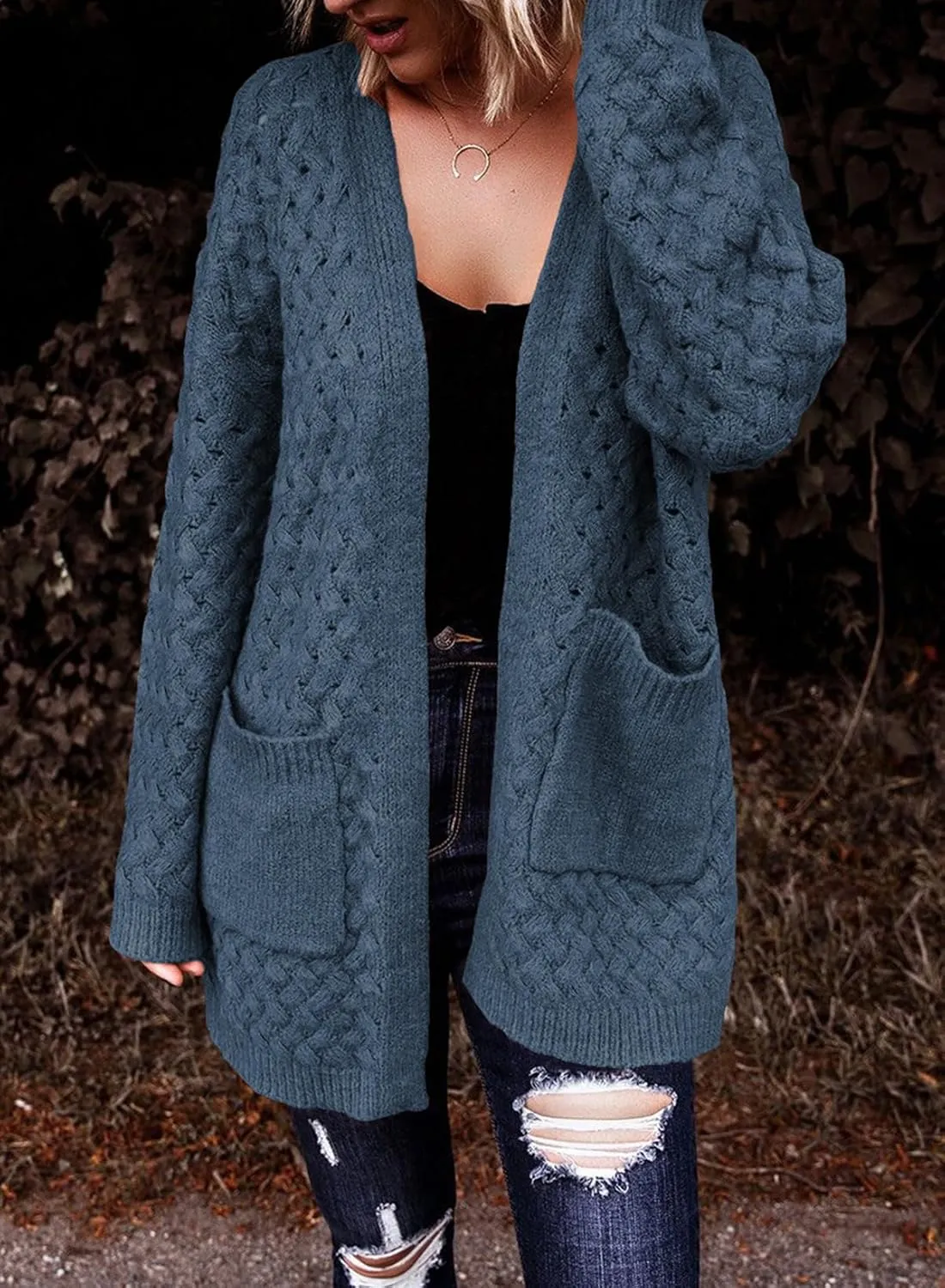 Dokotoo Women's 2024 Fashion Casual Open Front Long Sleeve Chunky Cable Knit Cardigans Sweaters Outerwear Coats with Pockets