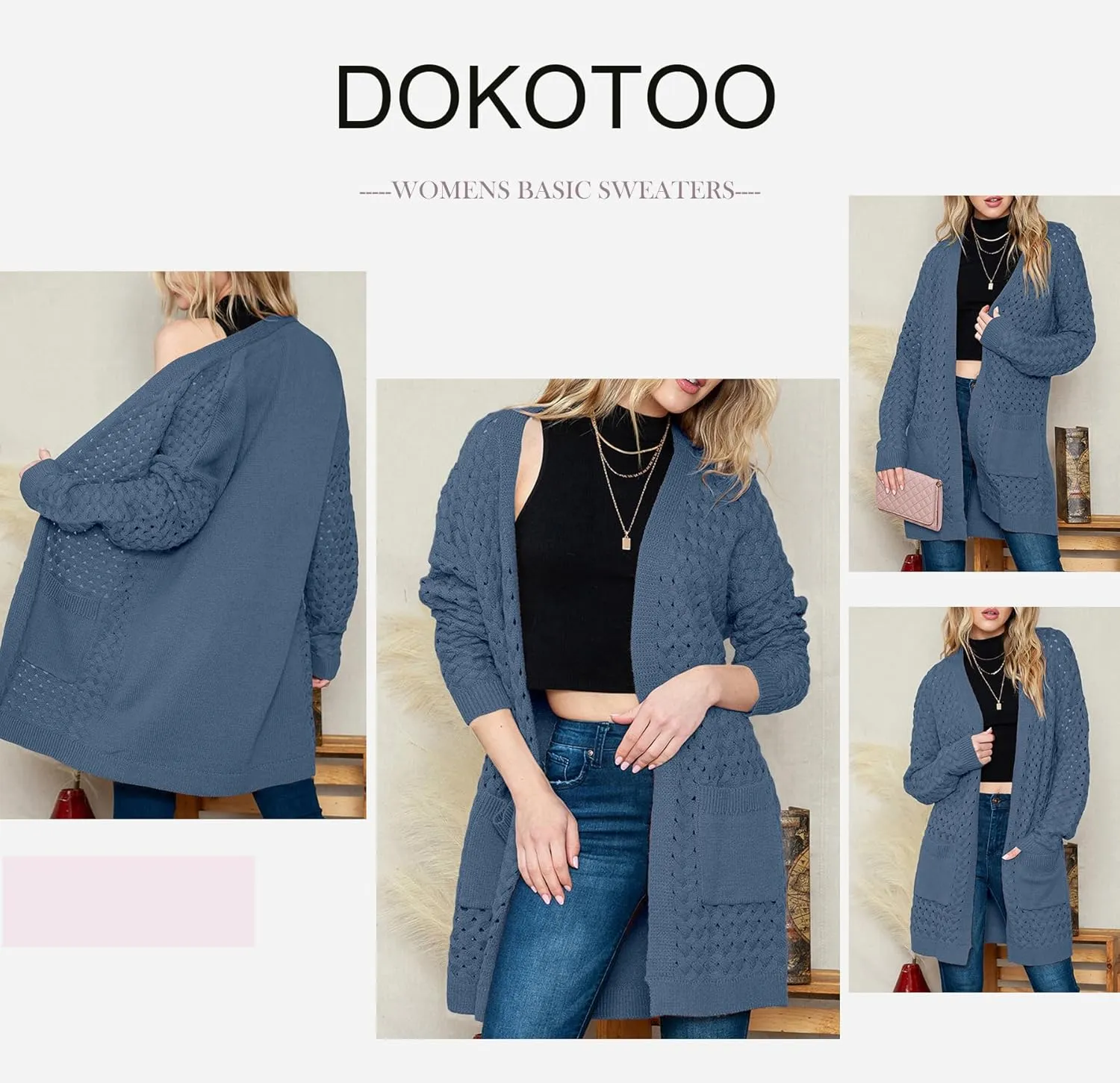 Dokotoo Women's 2024 Fashion Casual Open Front Long Sleeve Chunky Cable Knit Cardigans Sweaters Outerwear Coats with Pockets
