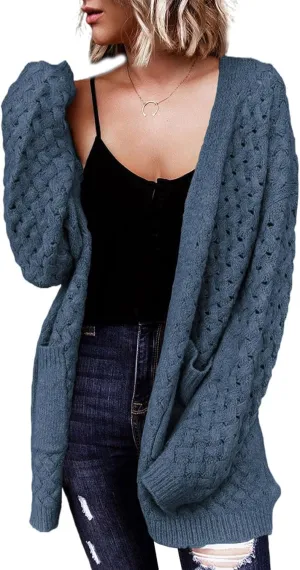 Dokotoo Women's 2024 Fashion Casual Open Front Long Sleeve Chunky Cable Knit Cardigans Sweaters Outerwear Coats with Pockets