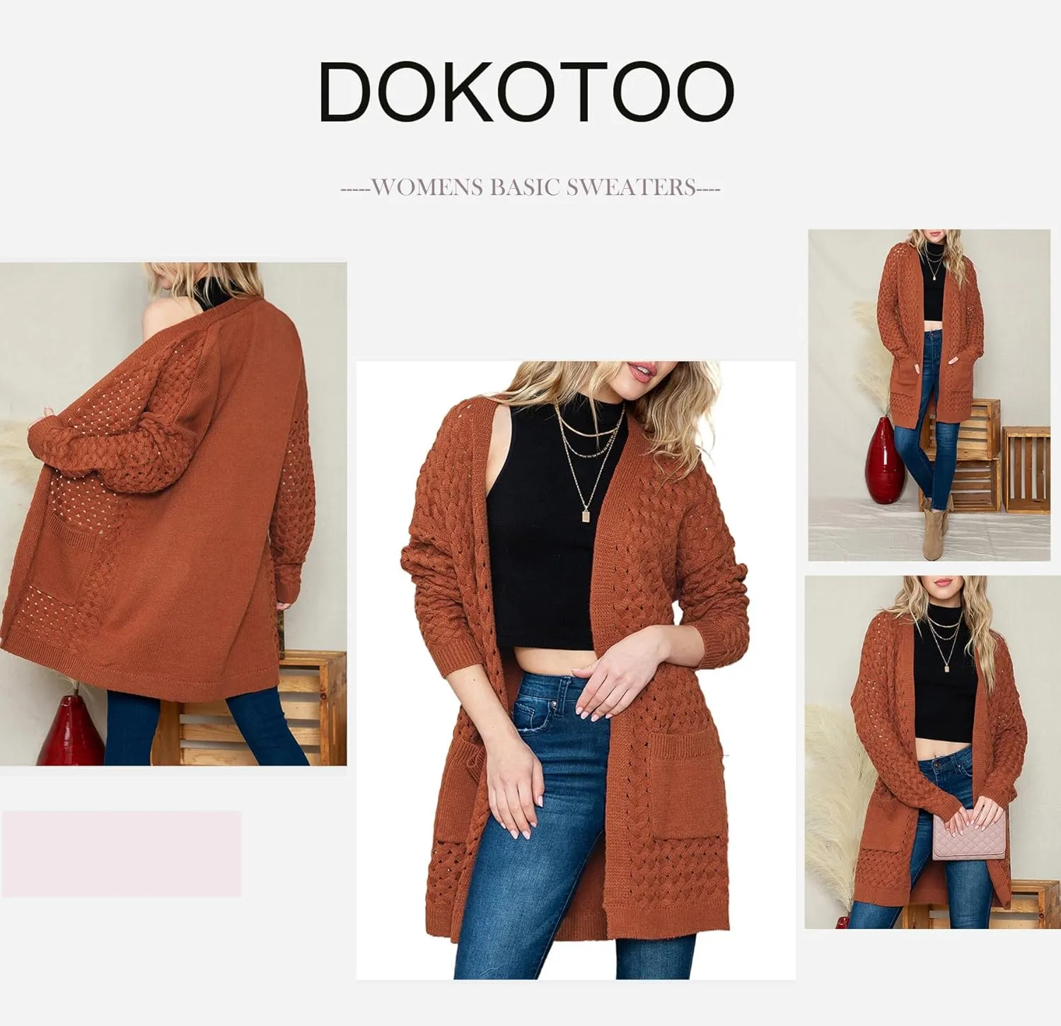 Dokotoo Women's 2024 Fashion Casual Open Front Long Sleeve Chunky Cable Knit Cardigans Sweaters Outerwear Coats with Pockets