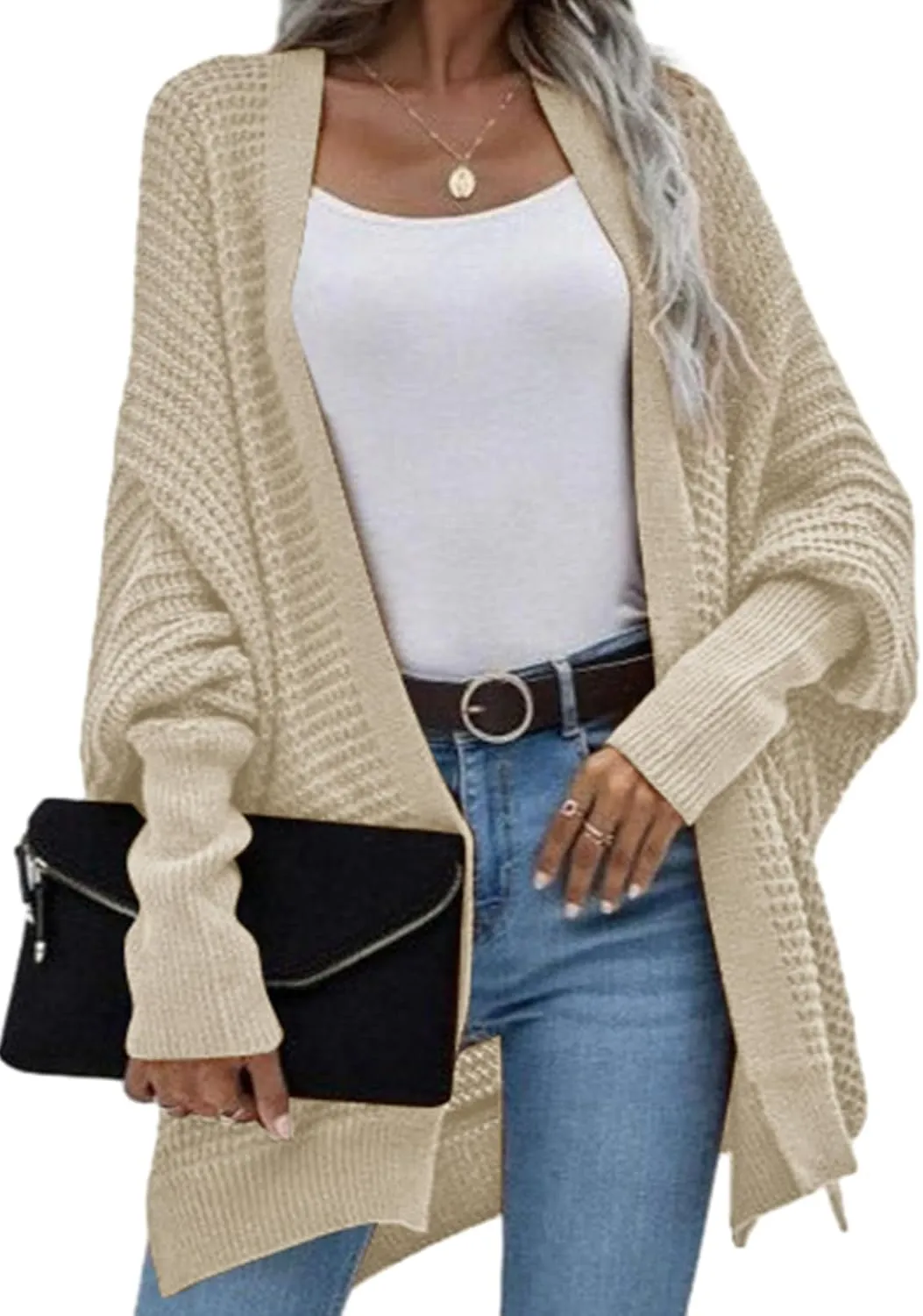 Dokotoo Women's 2025 Fashion Casual Oversized Open Front Batwing Long Sleeve Chunky Knit Cardigans Sweaters Outerwear Coats