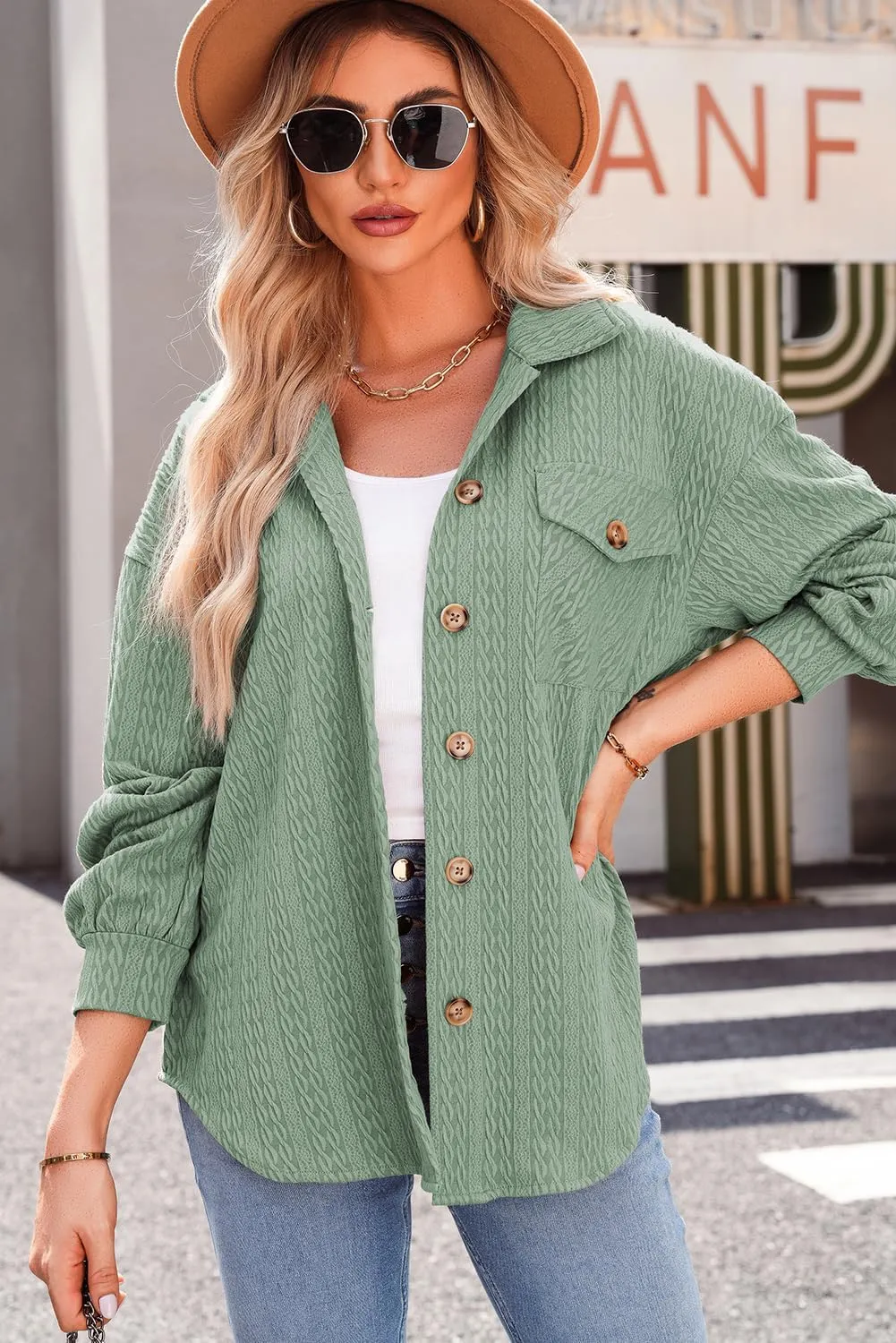 Dokotoo Womens Cable Knit Lightweight Shacket Button Down Shirts Long Sleeve Casual Oversized Blouses Tops