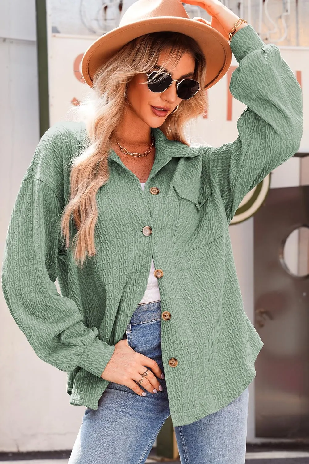 Dokotoo Womens Cable Knit Lightweight Shacket Button Down Shirts Long Sleeve Casual Oversized Blouses Tops