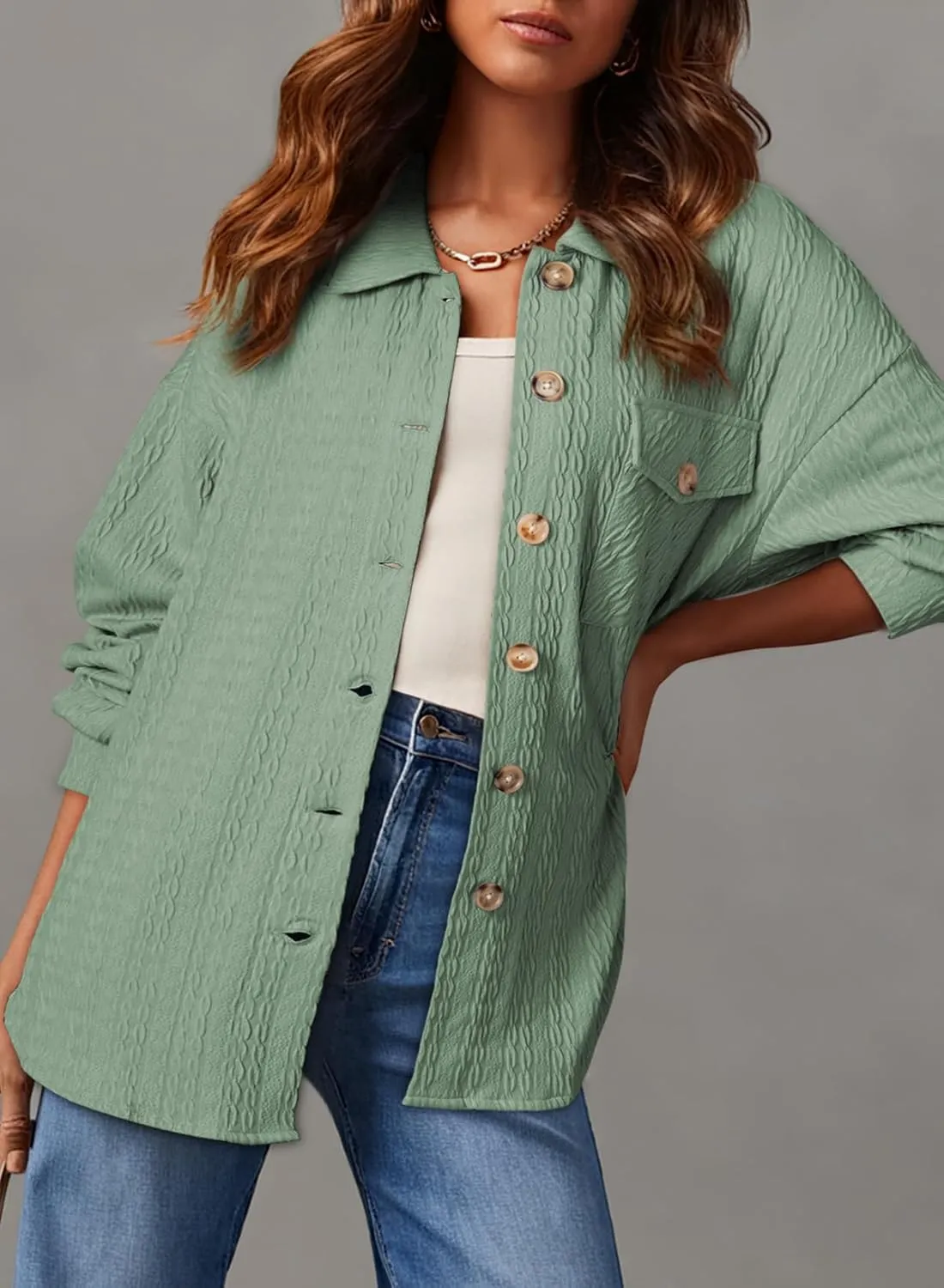 Dokotoo Womens Cable Knit Lightweight Shacket Button Down Shirts Long Sleeve Casual Oversized Blouses Tops