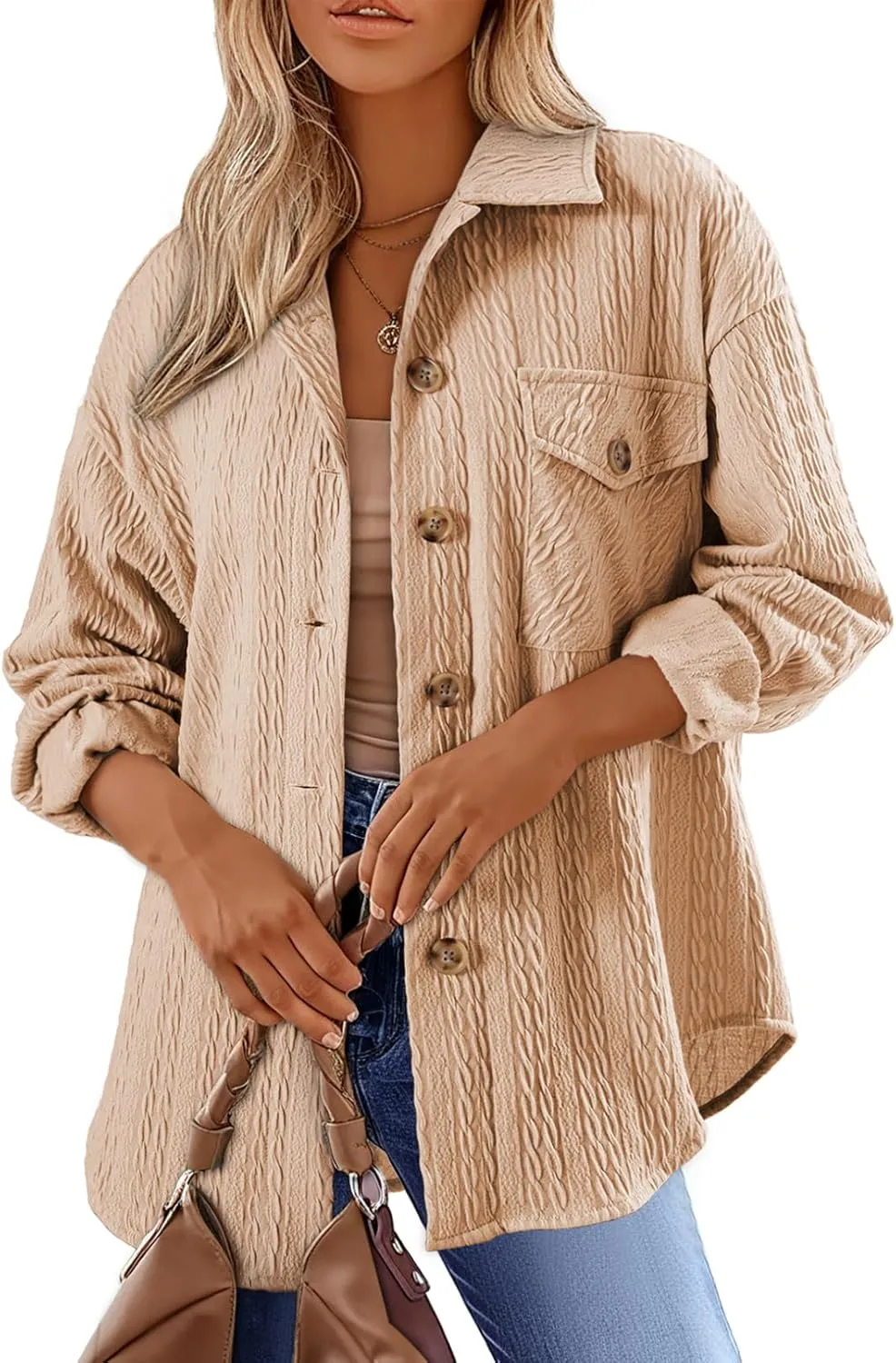 Dokotoo Womens Cable Knit Lightweight Shacket Button Down Shirts Long Sleeve Casual Oversized Blouses Tops