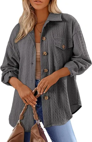 Dokotoo Womens Cable Knit Lightweight Shacket Button Down Shirts Long Sleeve Casual Oversized Blouses Tops