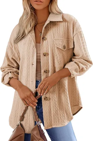 Dokotoo Womens Cable Knit Lightweight Shacket Button Down Shirts Long Sleeve Casual Oversized Blouses Tops