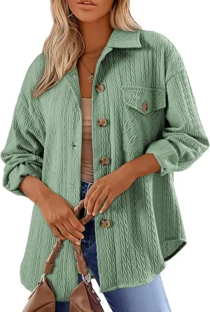 Dokotoo Womens Cable Knit Lightweight Shacket Button Down Shirts Long Sleeve Casual Oversized Blouses Tops