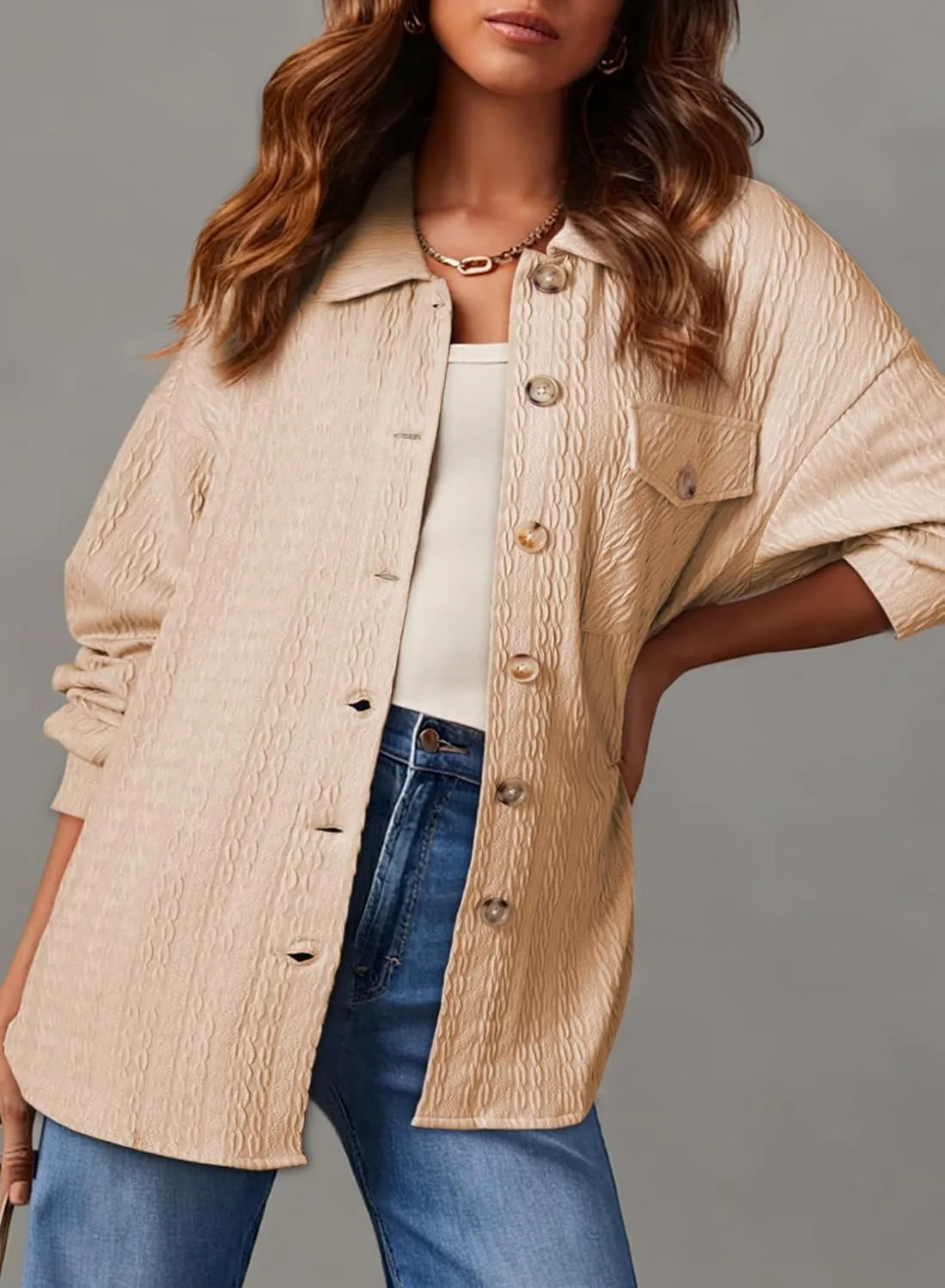 Dokotoo Womens Cable Knit Lightweight Shacket Button Down Shirts Long Sleeve Casual Oversized Blouses Tops