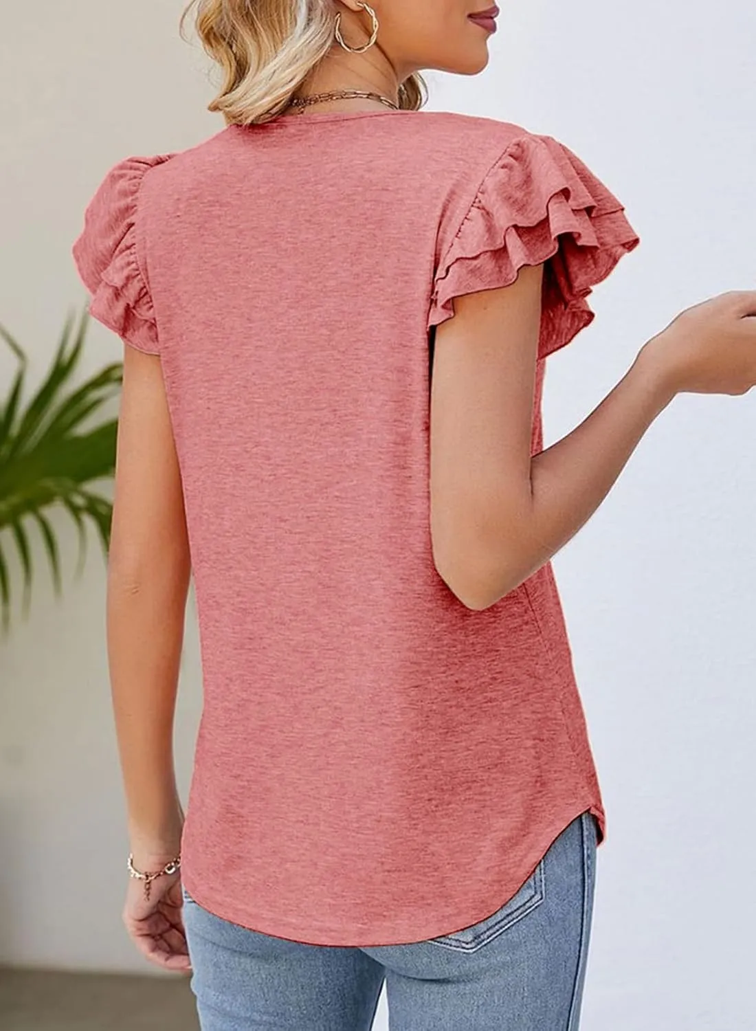 Dokotoo Women's Casual Ruffle Short Sleeve Tops Cute Solid Color Knit Ribbed T Shirts Blouses