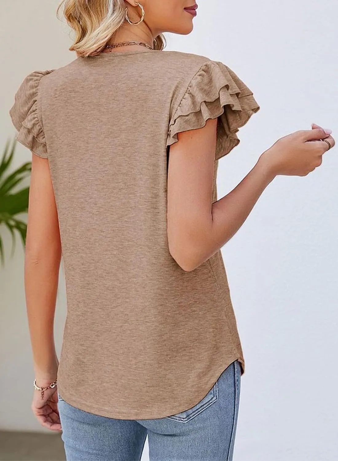 Dokotoo Women's Casual Ruffle Short Sleeve Tops Cute Solid Color Knit Ribbed T Shirts Blouses