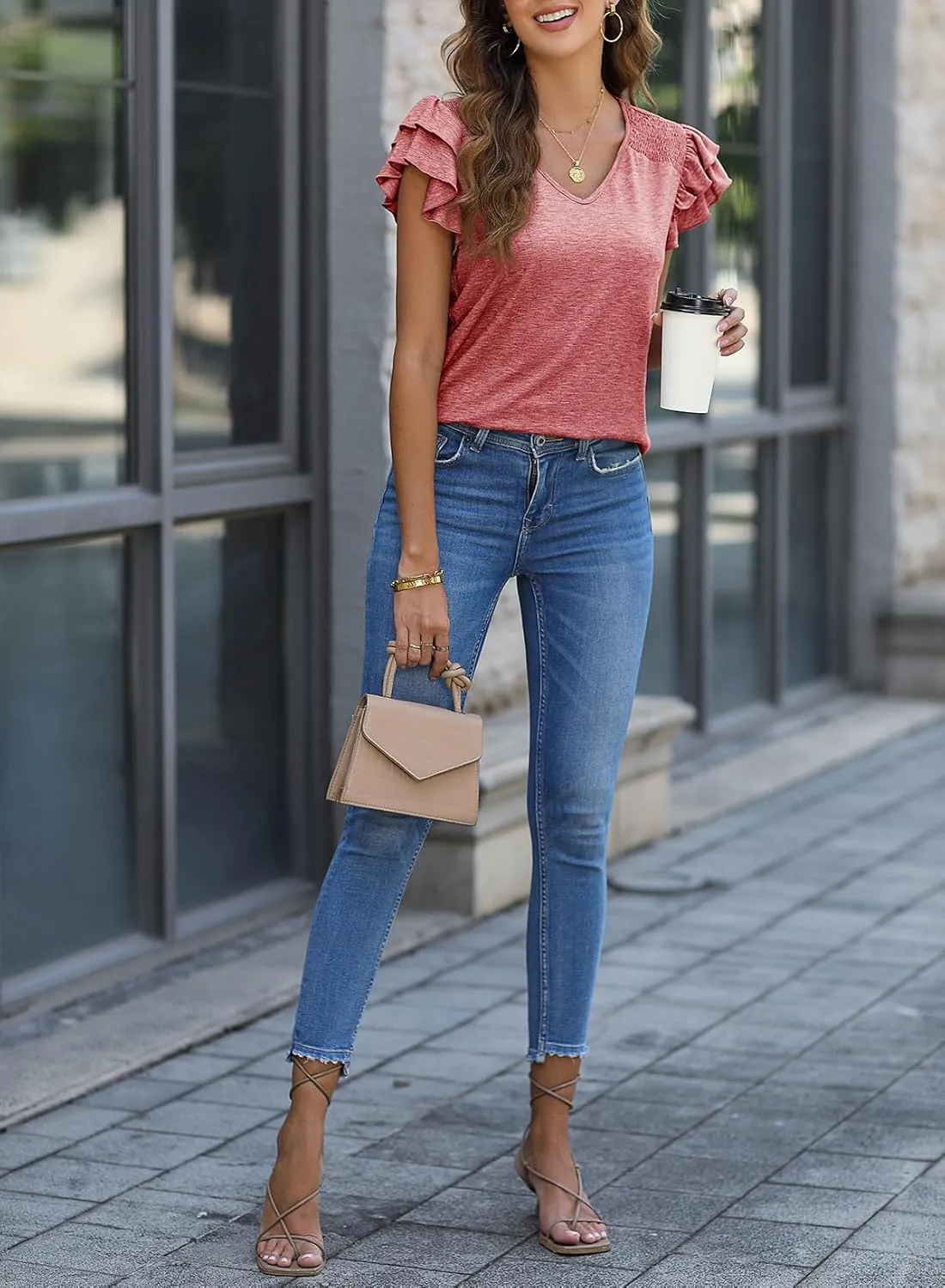 Dokotoo Women's Casual Ruffle Short Sleeve Tops Cute Solid Color Knit Ribbed T Shirts Blouses