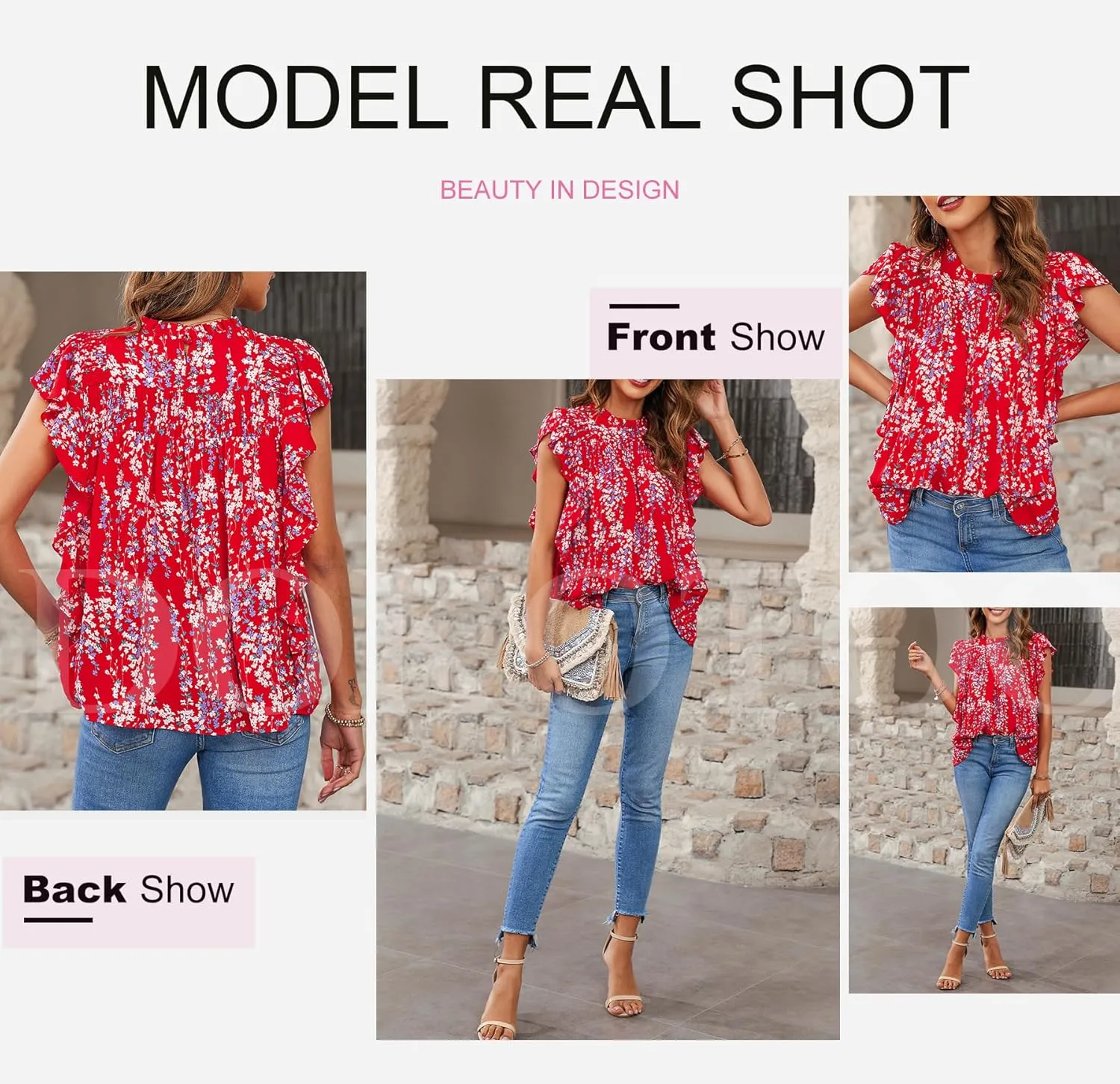 Dokotoo Womens Summer Tops Casual Crewneck Floral Print Shirts Smocked Ruffle Short Sleeve Babydoll Blouses